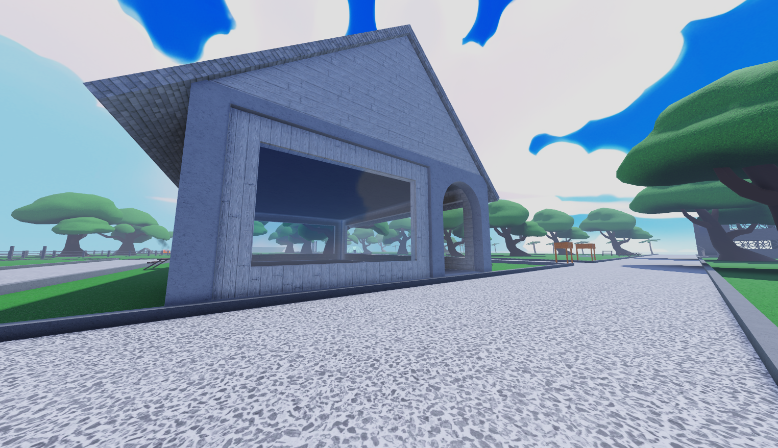 Grauer Pavillon in einer stilisierten Roblox Parklandschaft